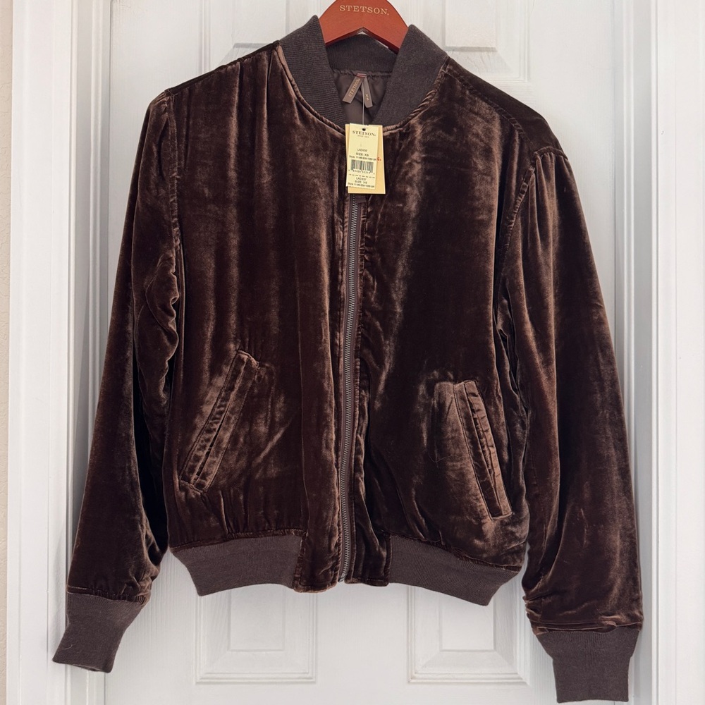 Stetson Velvet Bomber Jacket Chocolate Brown Size XS NWT